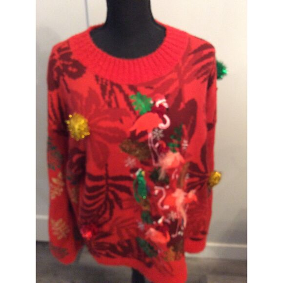 Vintage Ugly Christmas Sweater Flamingos Tassels Birds XL Red 33 Degrees - Picture 1 of 8